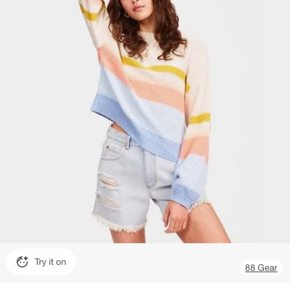 Billabong Women's Seeing Double Crop Crew Multicolor Striped Sweater- Size M